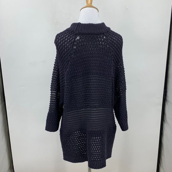 Moth Open Knit Tunic Sweater Womens L Navy Pullover 3/4 Sleeves High Crew Neck - Picture 5 of 11